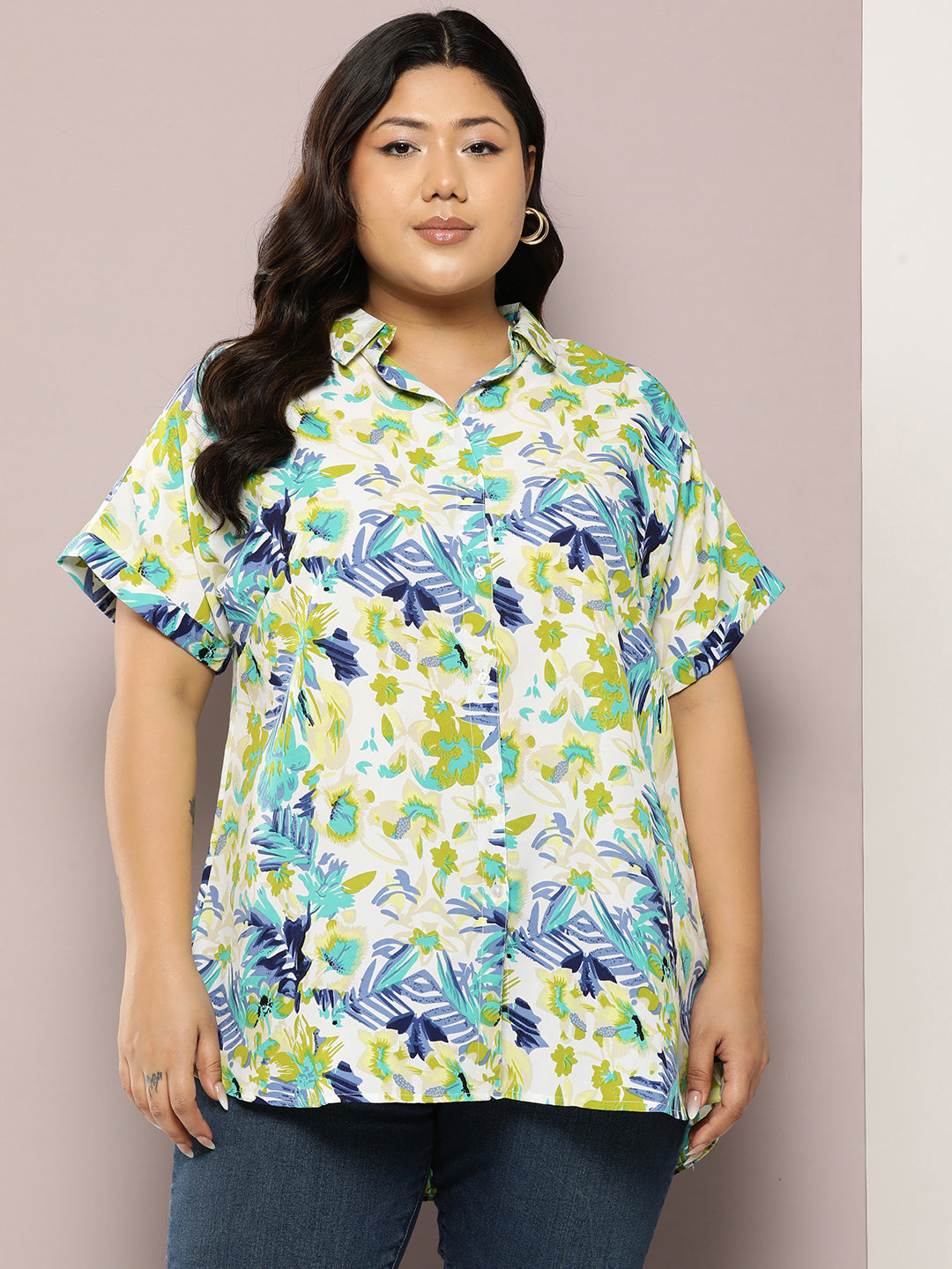 Lime Green Tropical print full placket Resort shirt