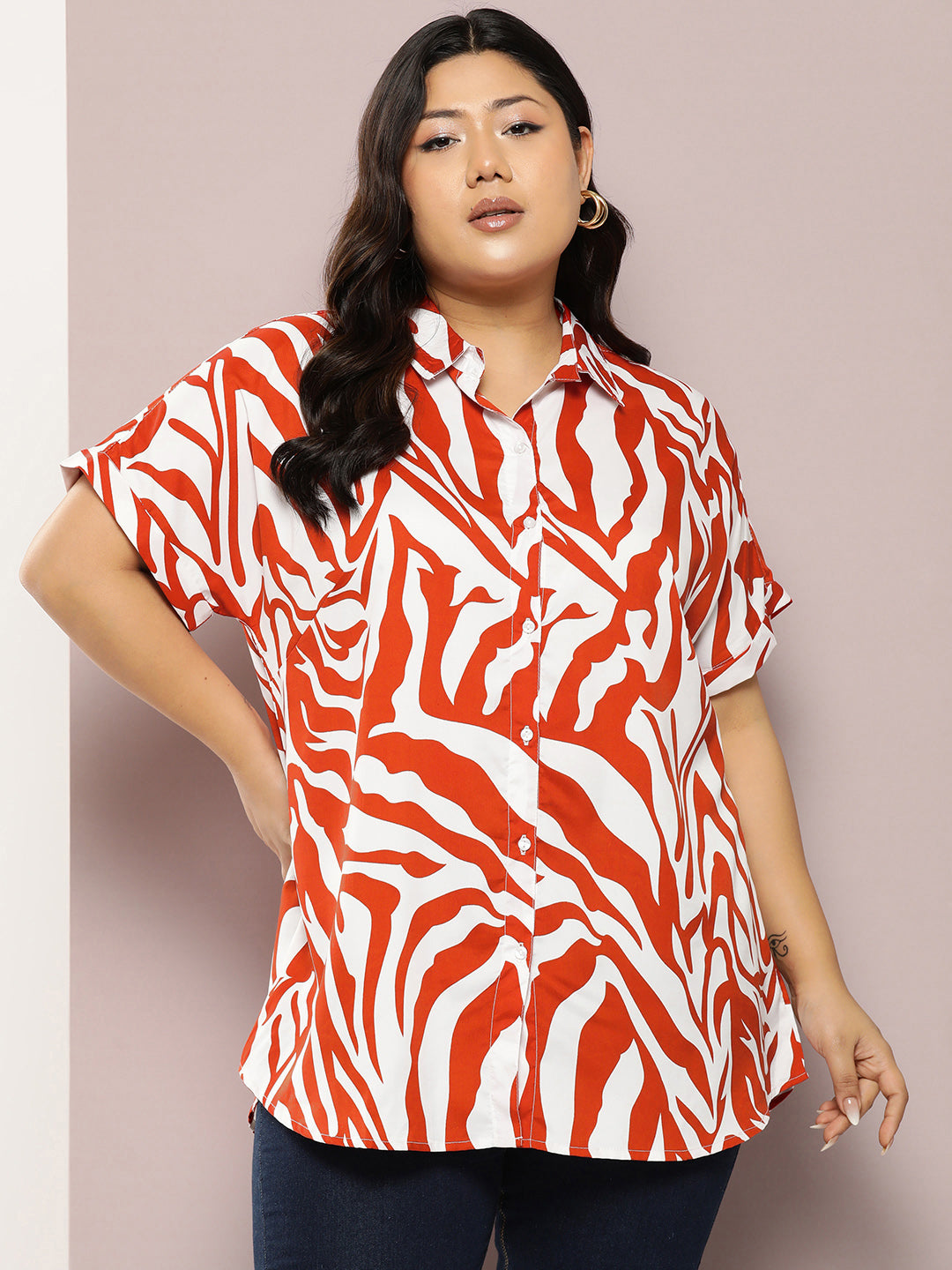 Orange Zebra print full placket Resort shirt