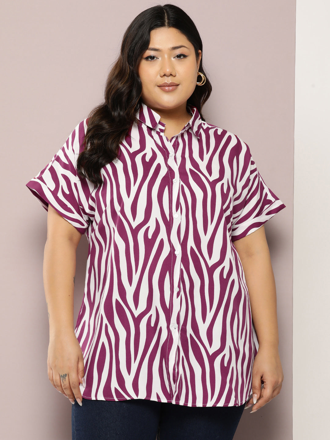 Wine Zebra print full placket Resort shirt