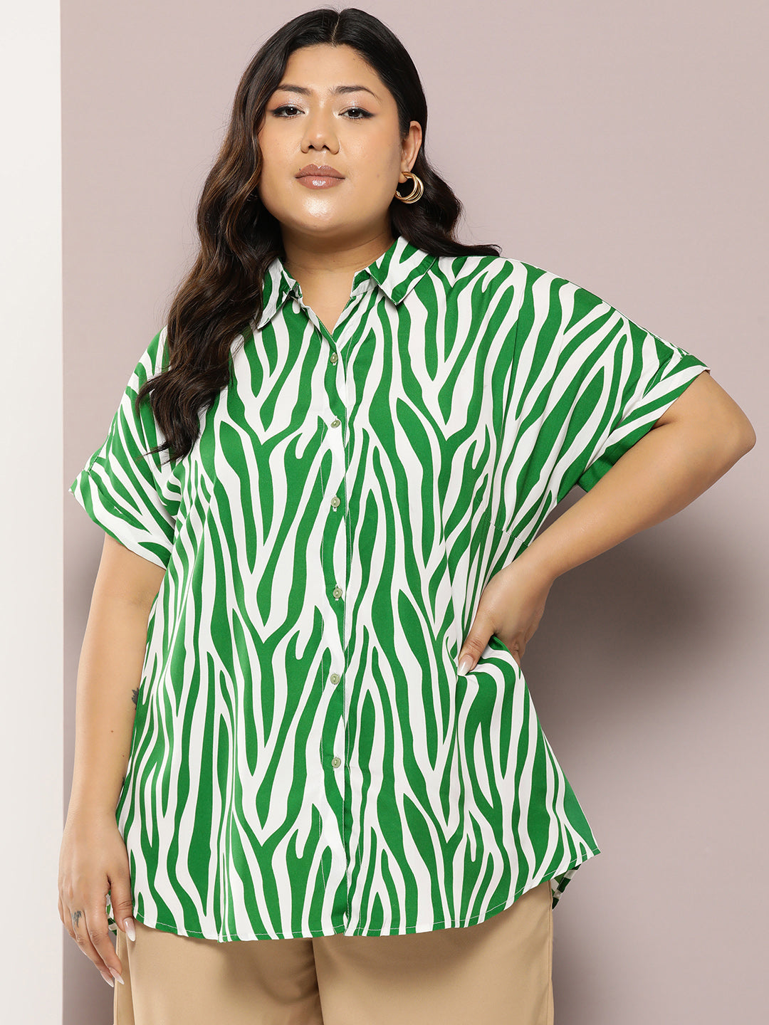 Forest Green Zebra print full placket Resort shirt