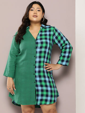 Green check rayon full placket button shirt dress Party shirt