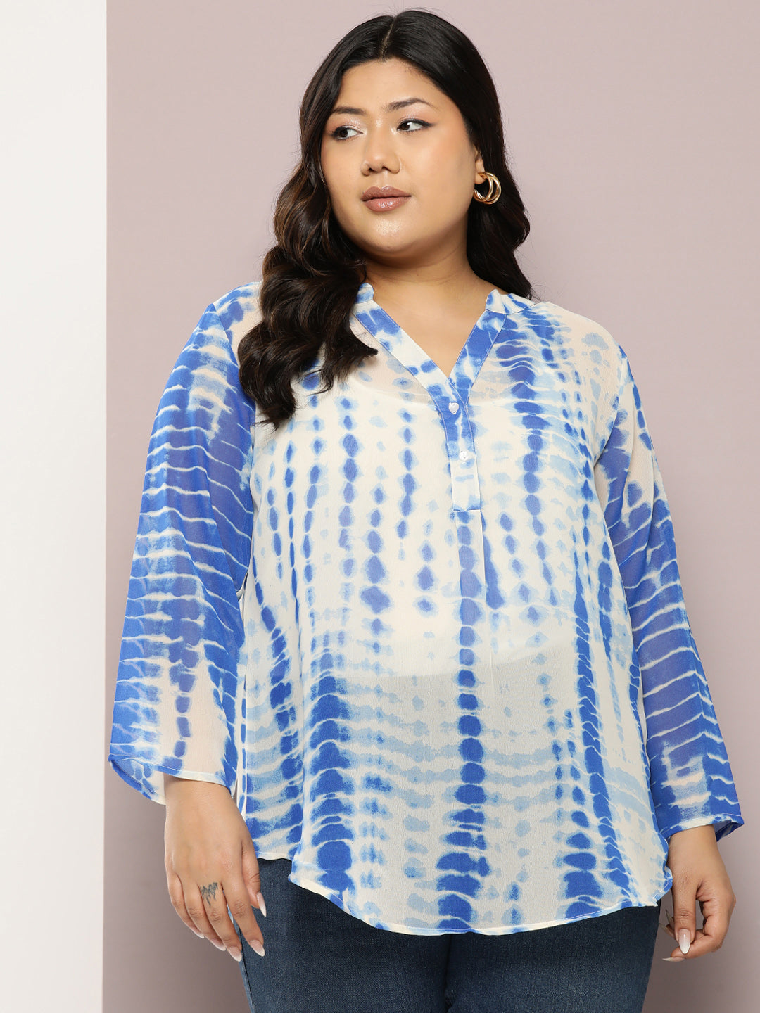 Blue and white tie-dye half-placket mandarin collar shirt