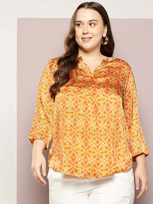 Orange geometric print half placket shirt