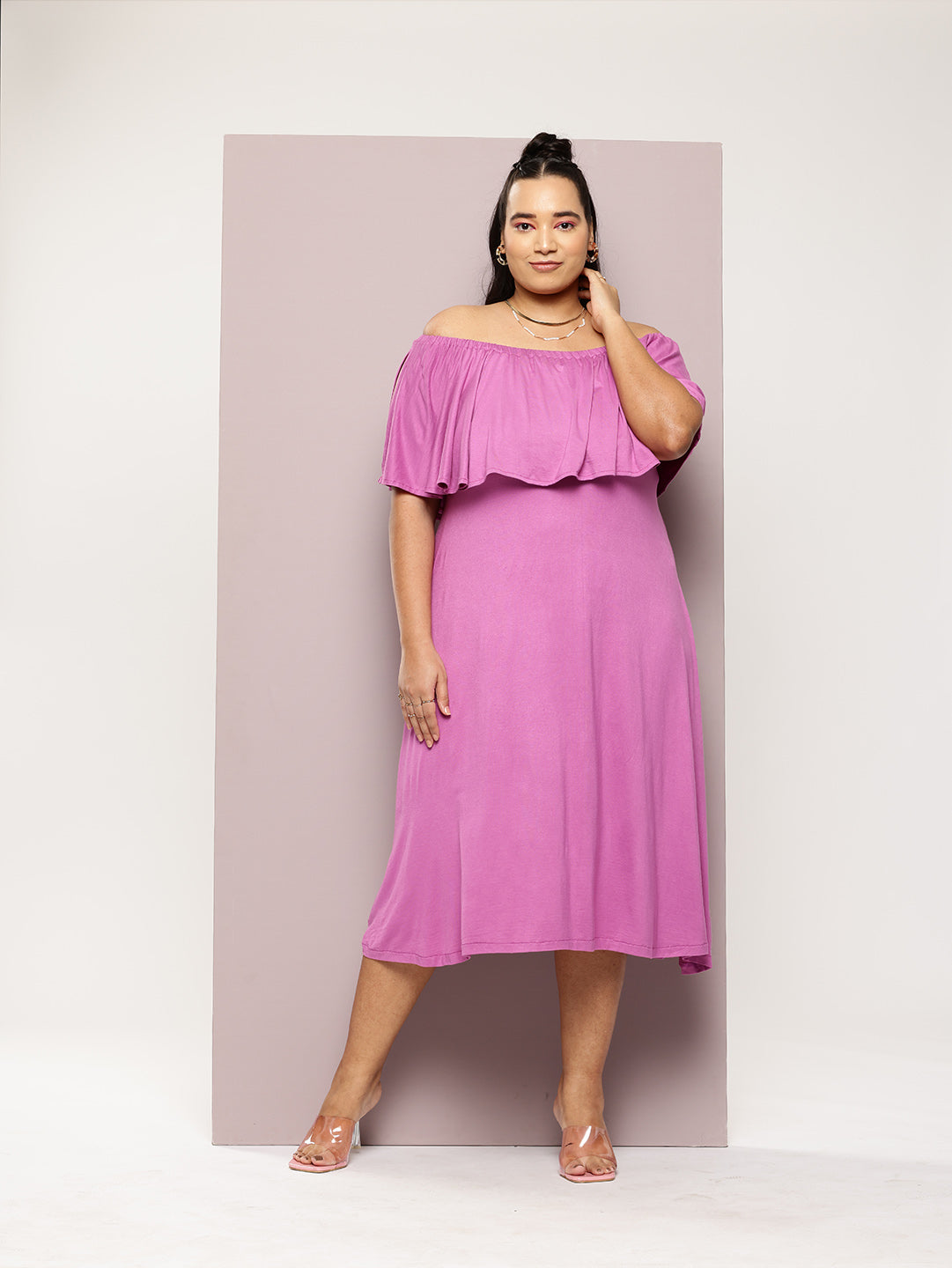 Mauve, Off -shoulder ruffle jersey midi dress