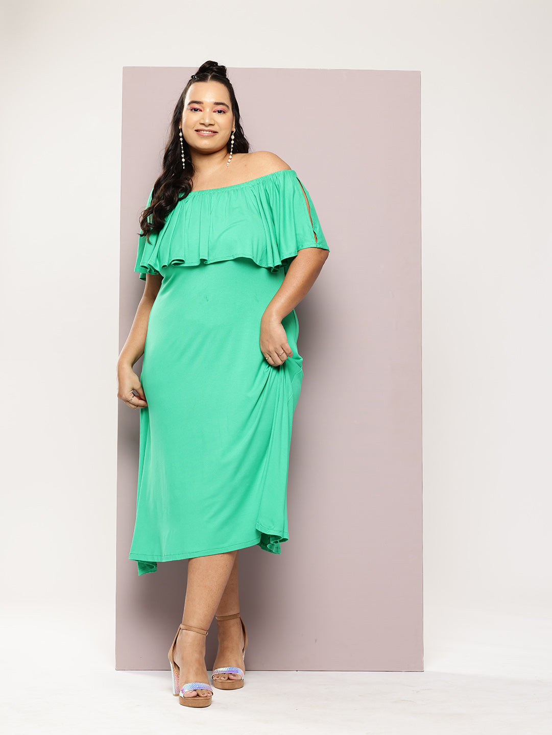 Green Off -shoulder ruffle jersey midi dress