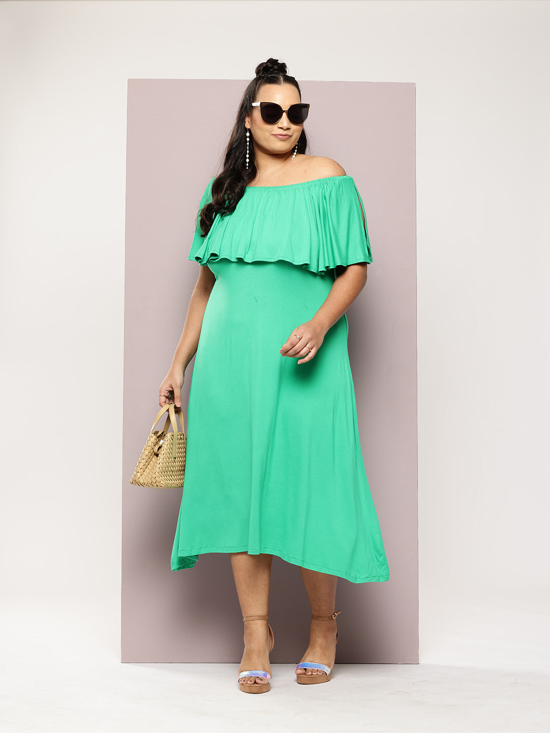 Green Off -shoulder ruffle jersey midi dress