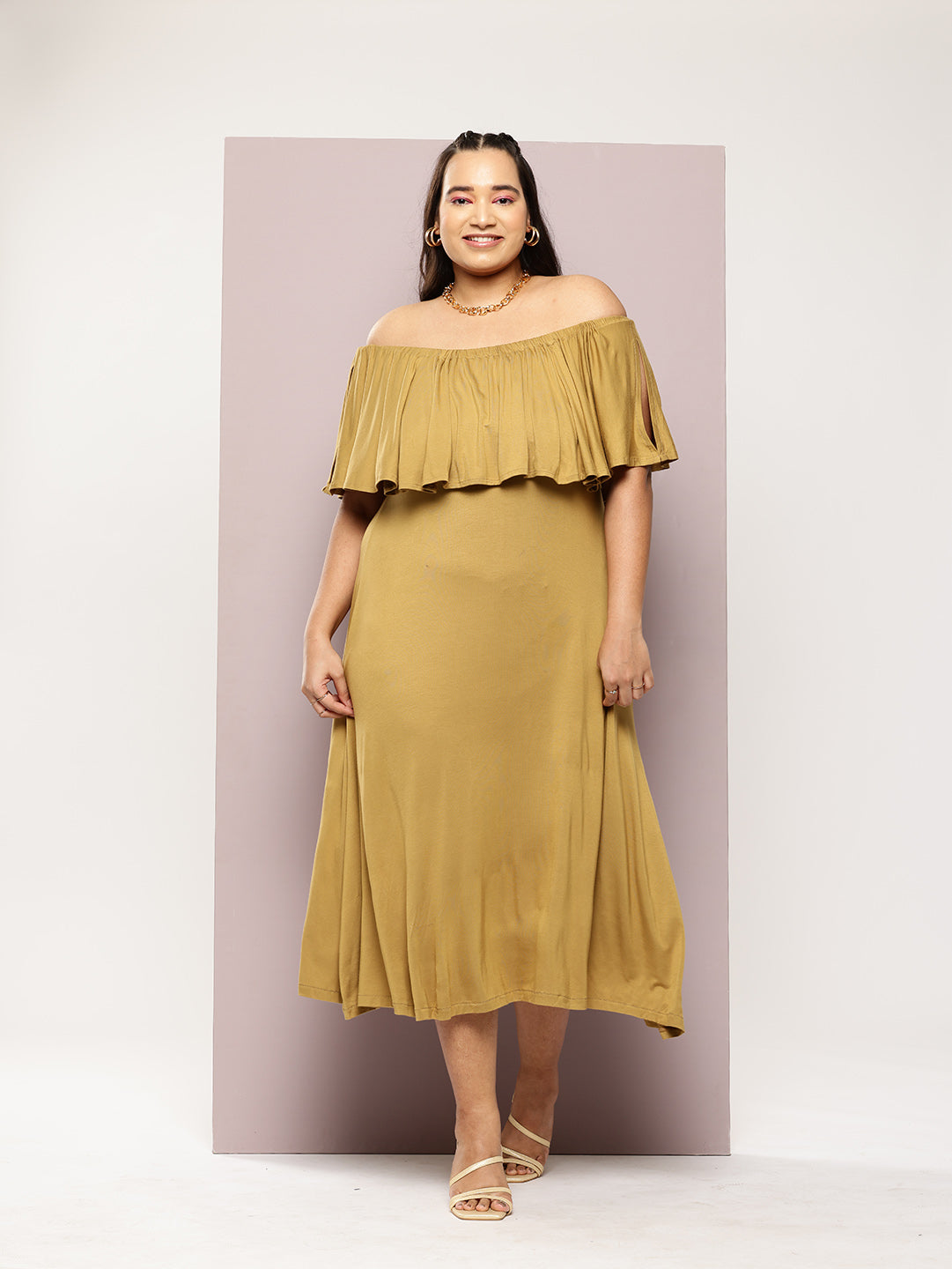 Olive Off -shoulder ruffle jersey midi dress