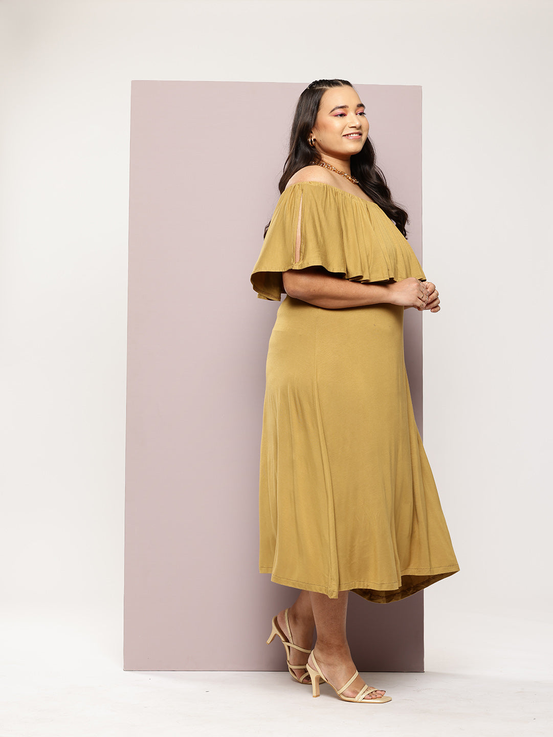 Olive Off -shoulder ruffle jersey midi dress