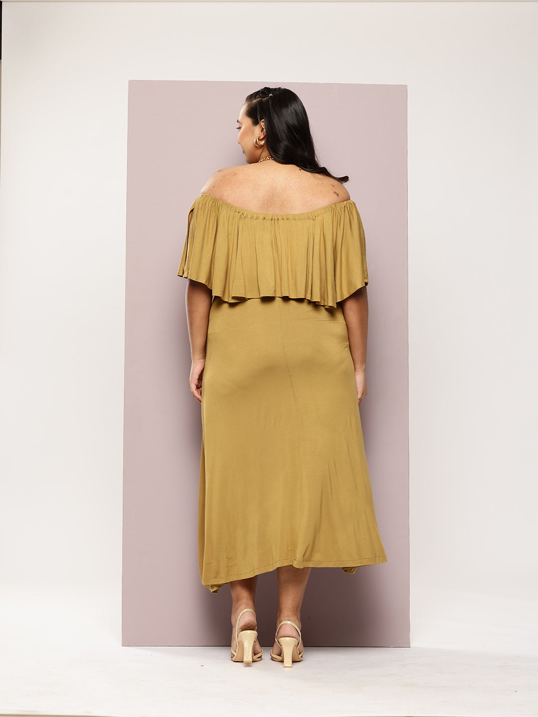 Olive Off -shoulder ruffle jersey midi dress