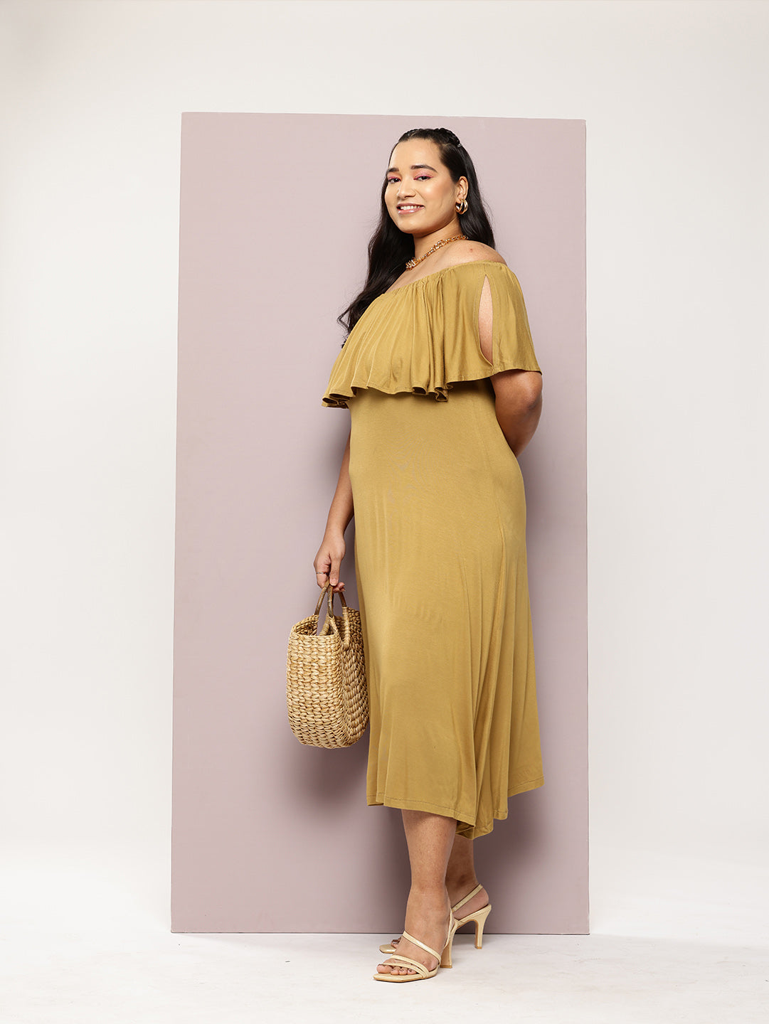 Olive Off -shoulder ruffle jersey midi dress