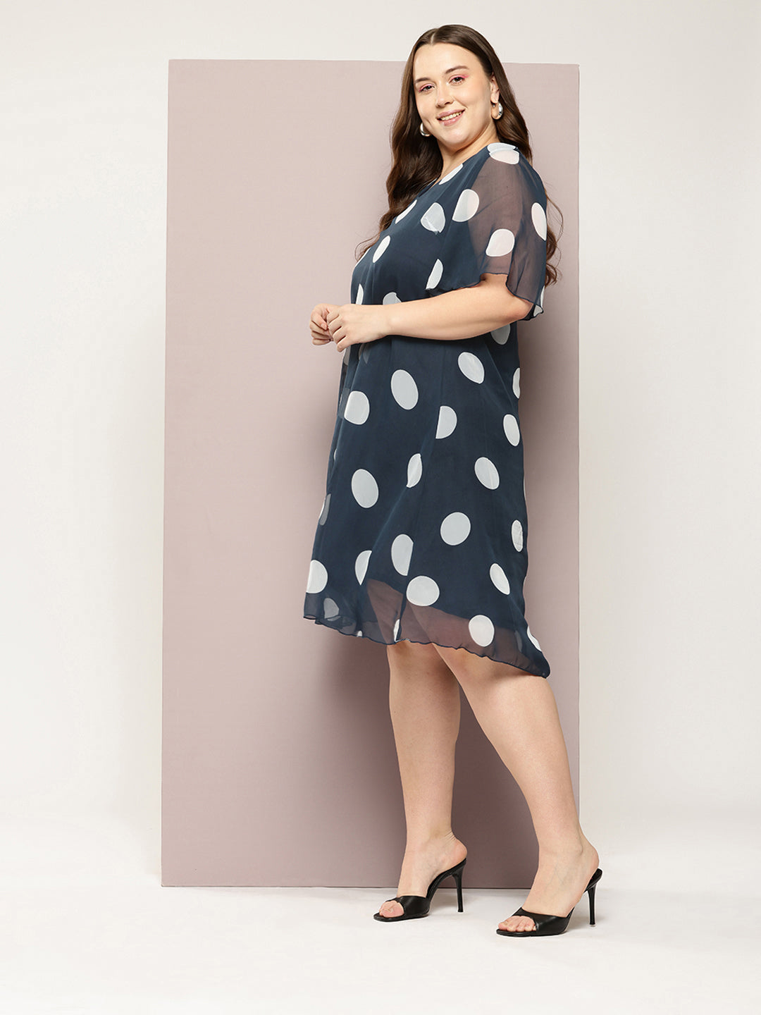 Navy and White Big polka georgette V-neck A-line calf-length dress