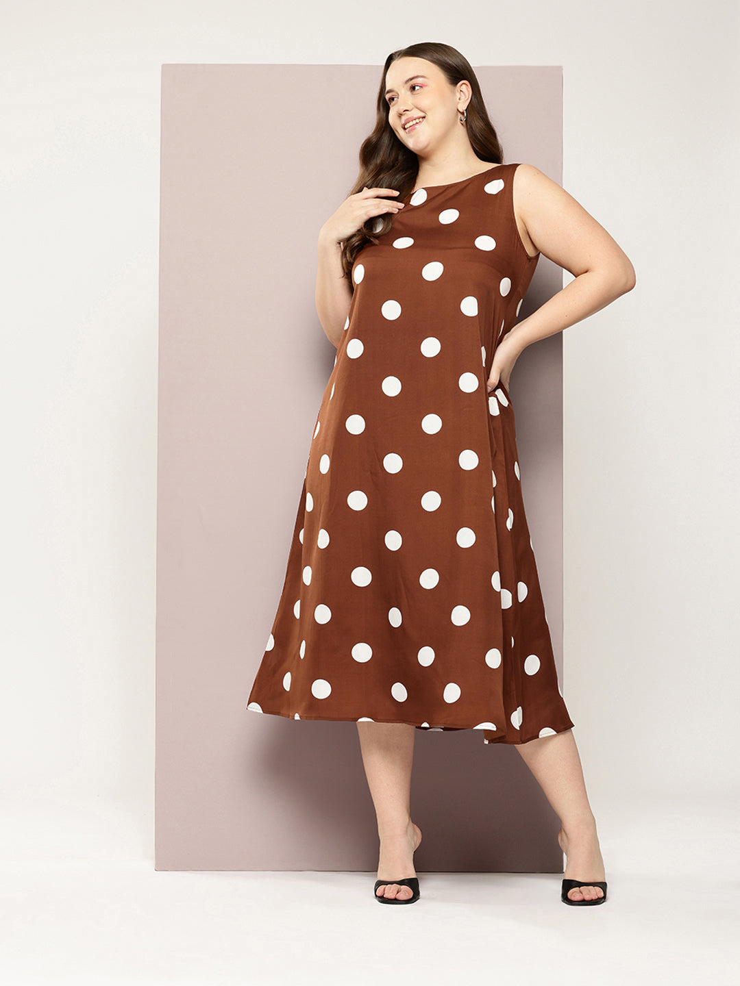 Brown and white big polka A-line dress