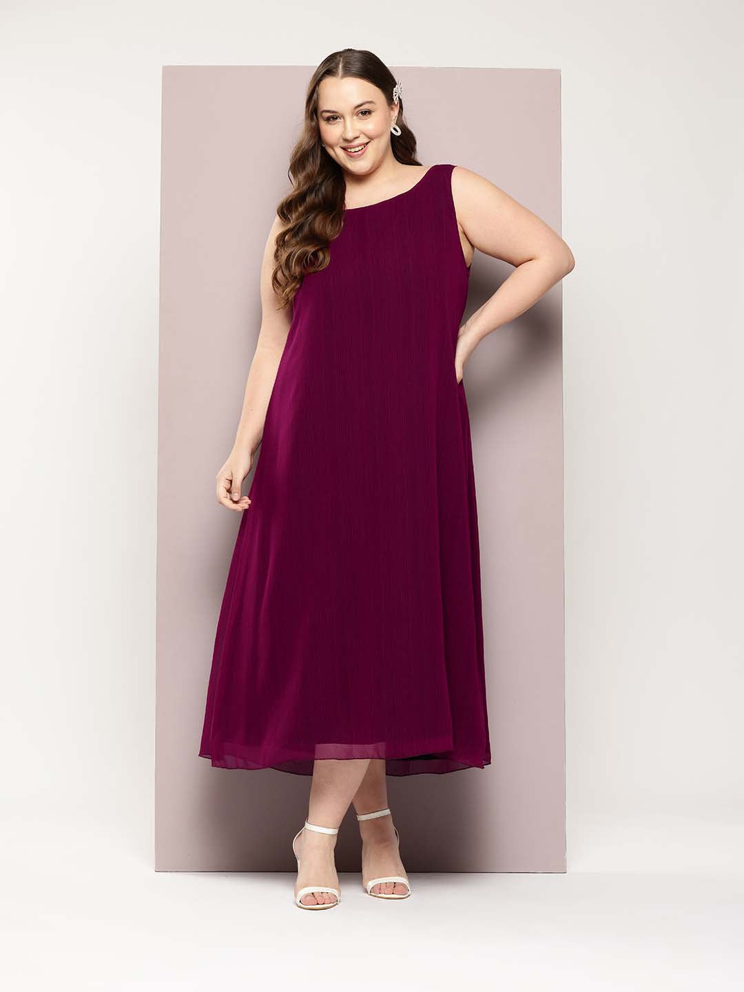 Wine solid Georgette A-line dress