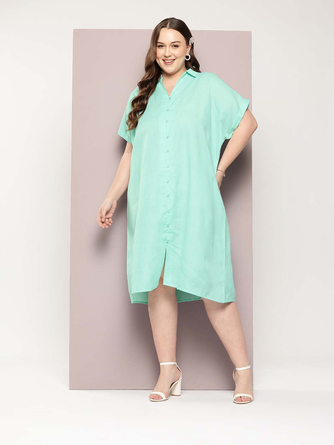 Solid Turquoise Blue cotton slub full placket oversize dress