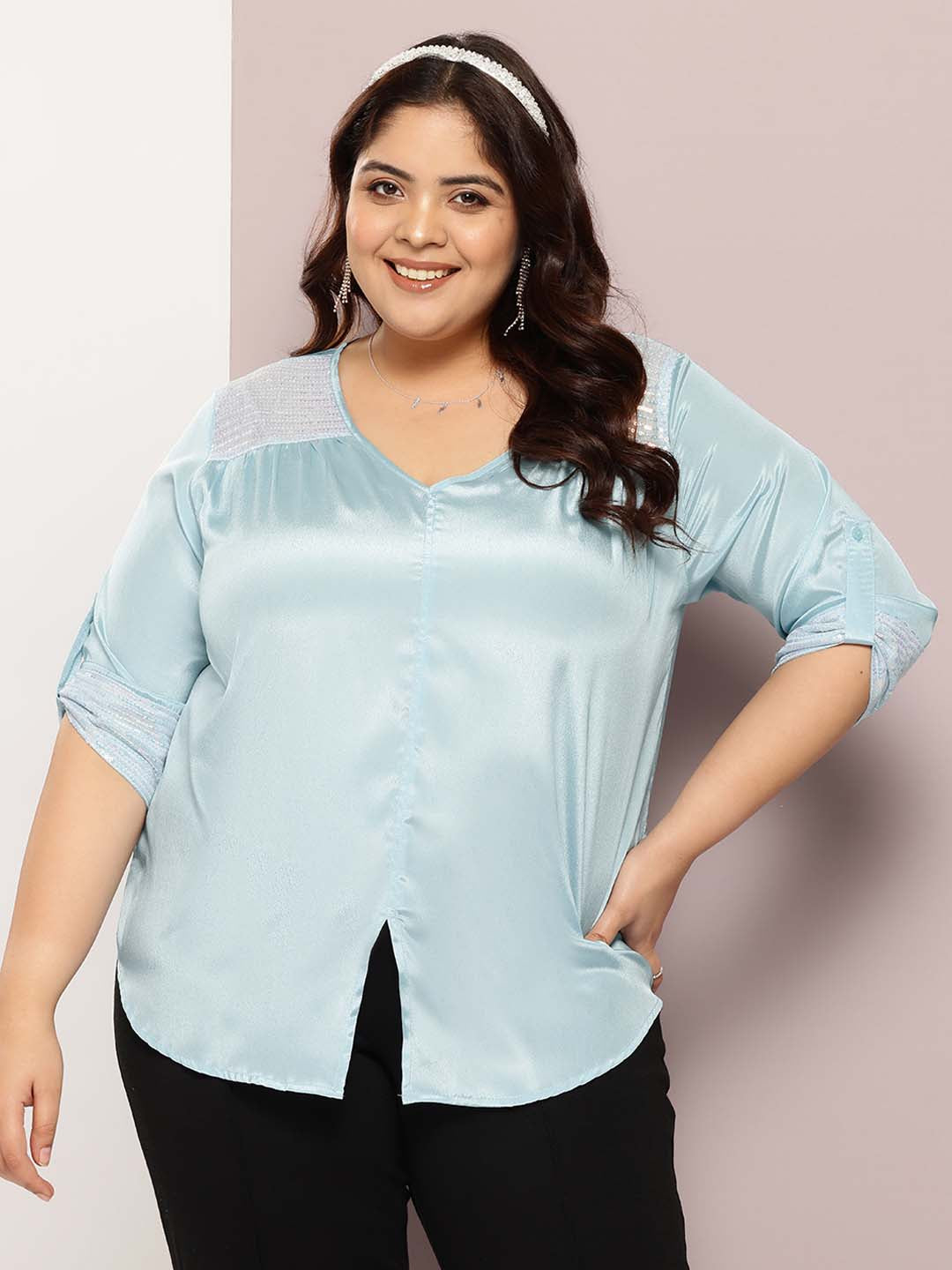 Turquoise Color Shirt with Sequin Embellishment