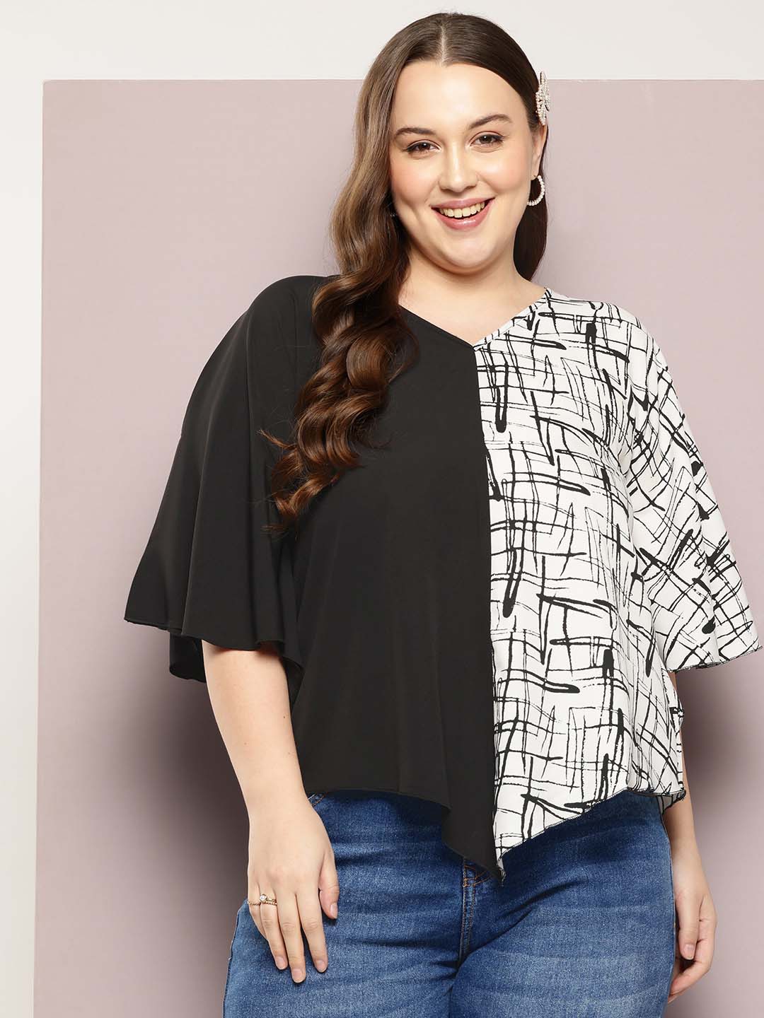 V-Shape Hemline Color Block Kimono Sleeves Top