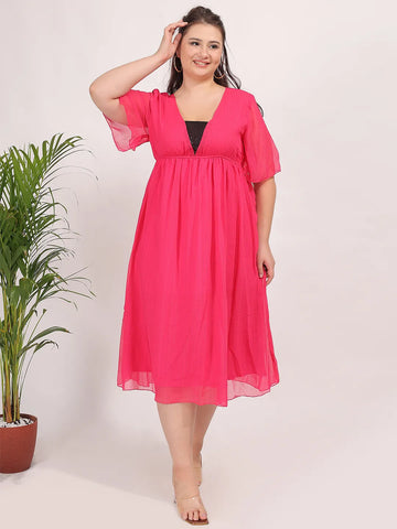 Solid pink dress V-neck black sequin dress.