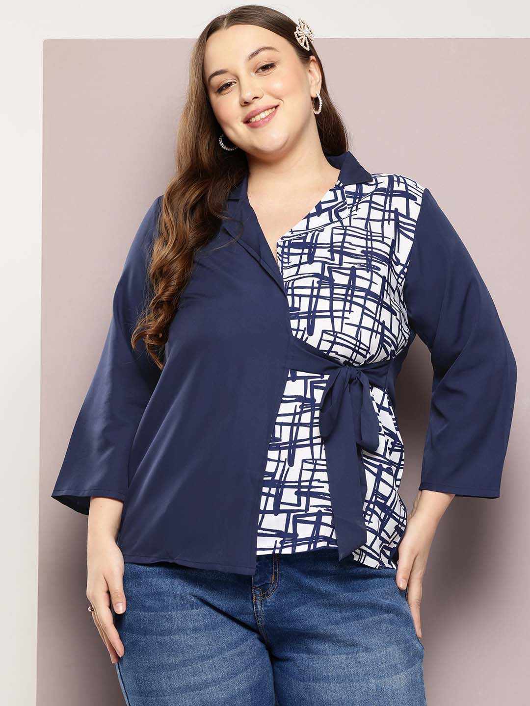 Solid Navy & contrast printed wrap around top