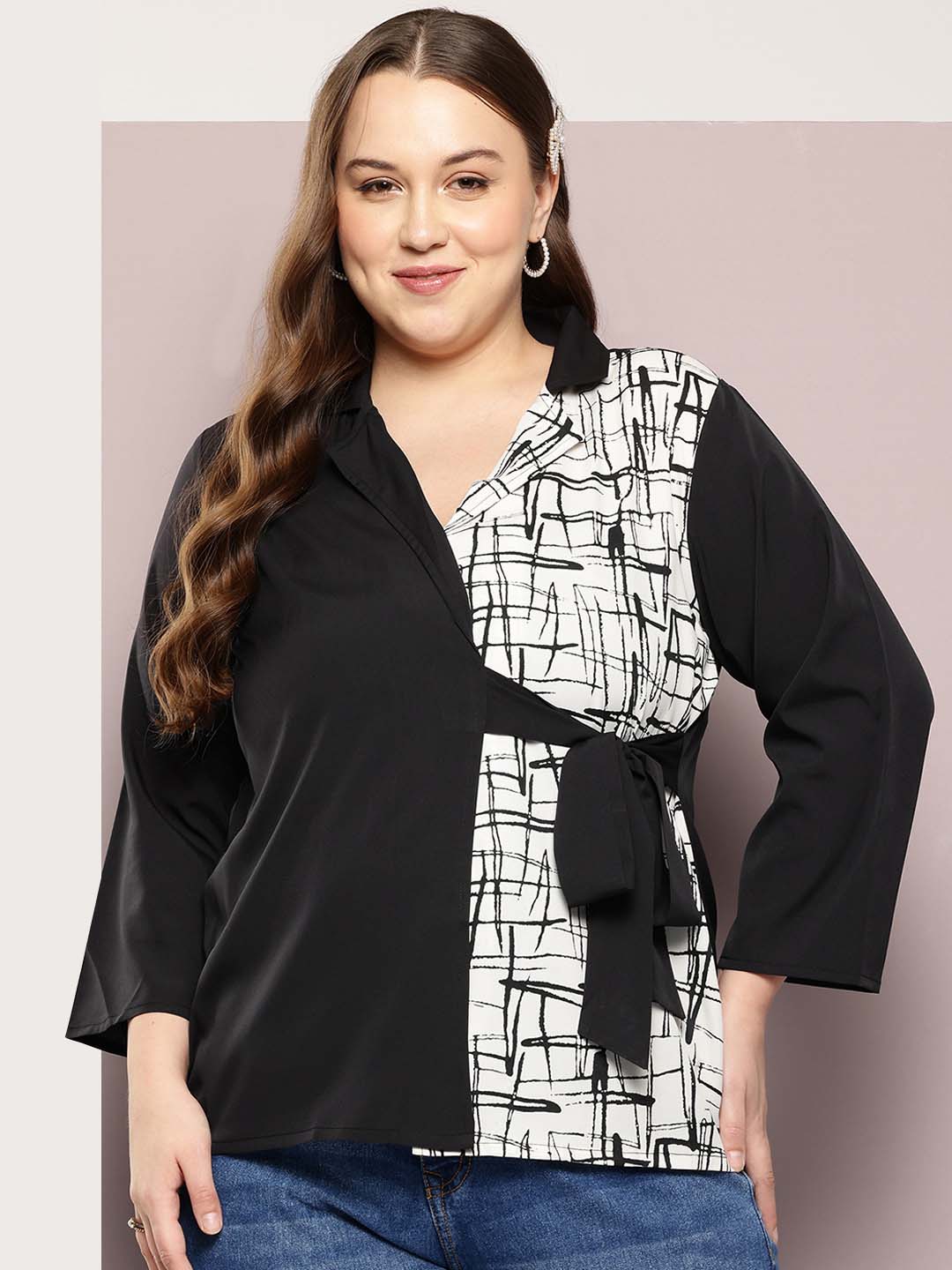 Solid black and printed color blocking wrap around top