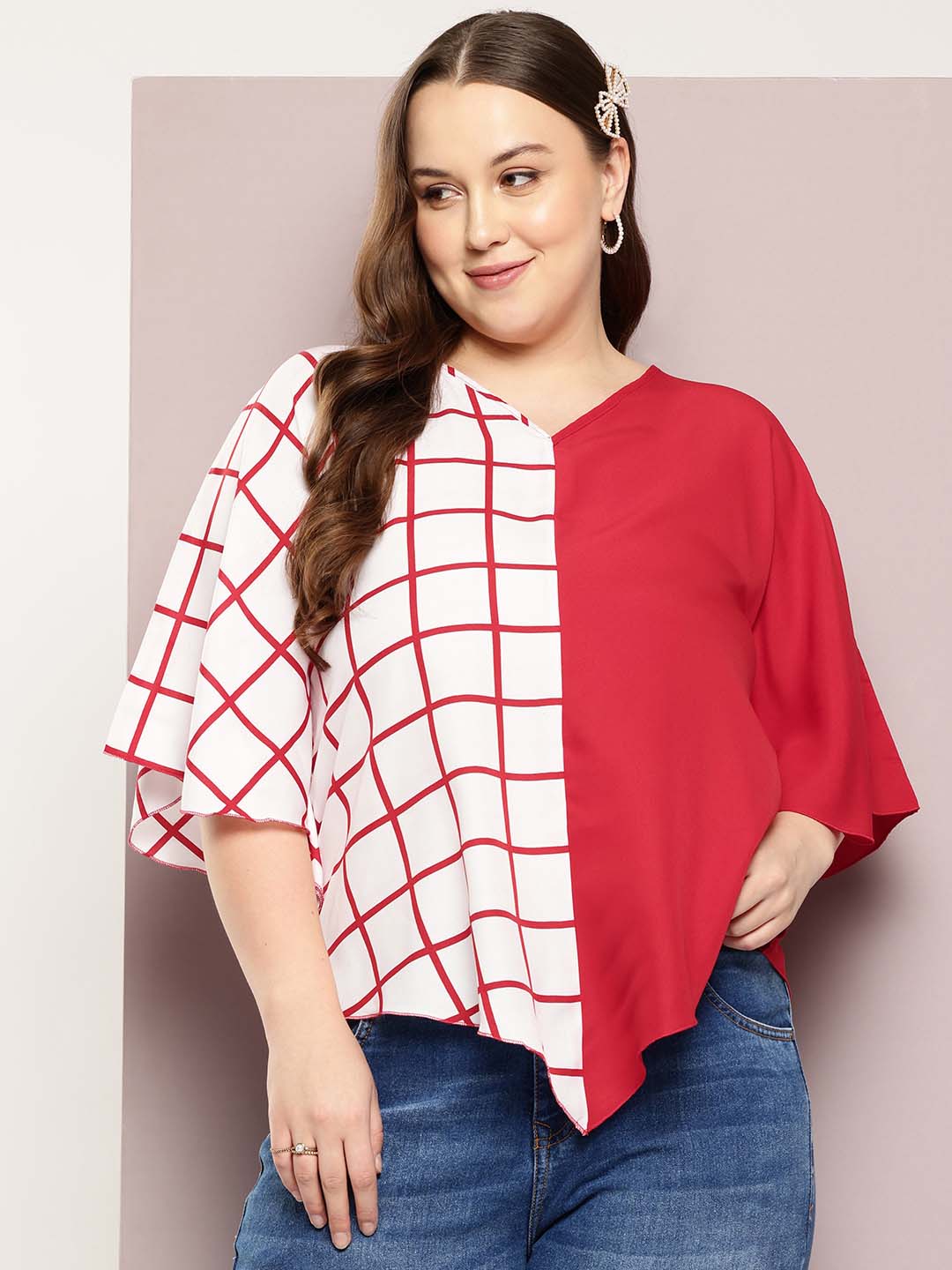 Red and White Checks Color Block Kimono Sleeves Top