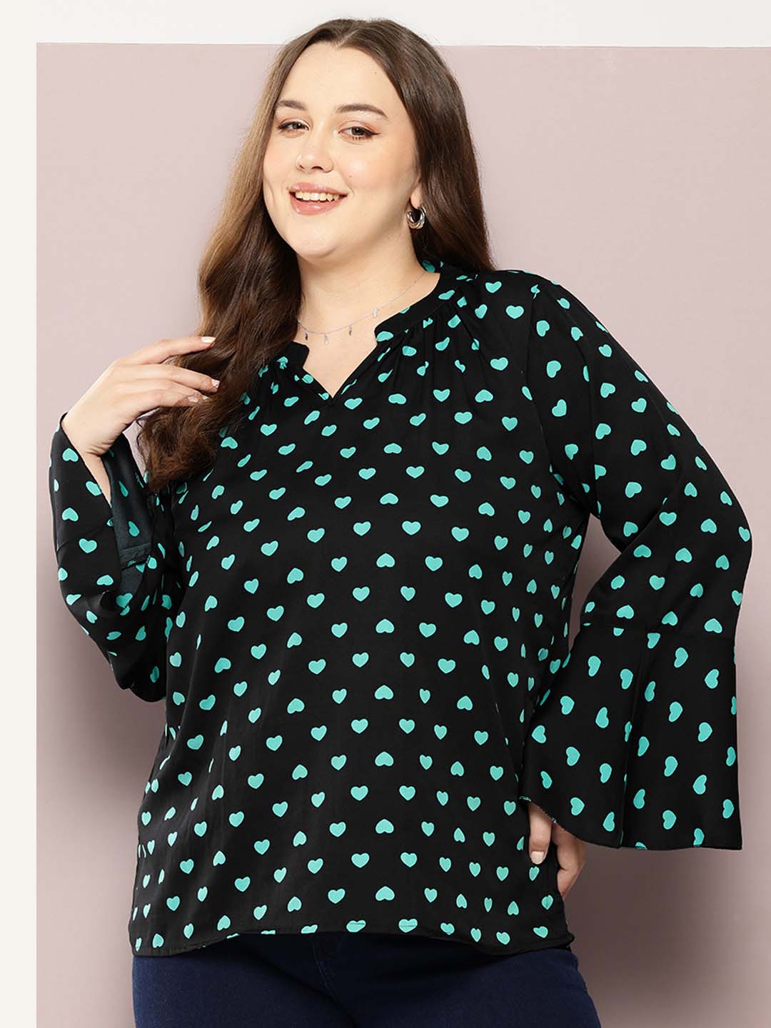 Heart Print Tie-Up Neck Top with Long Bell Sleeves