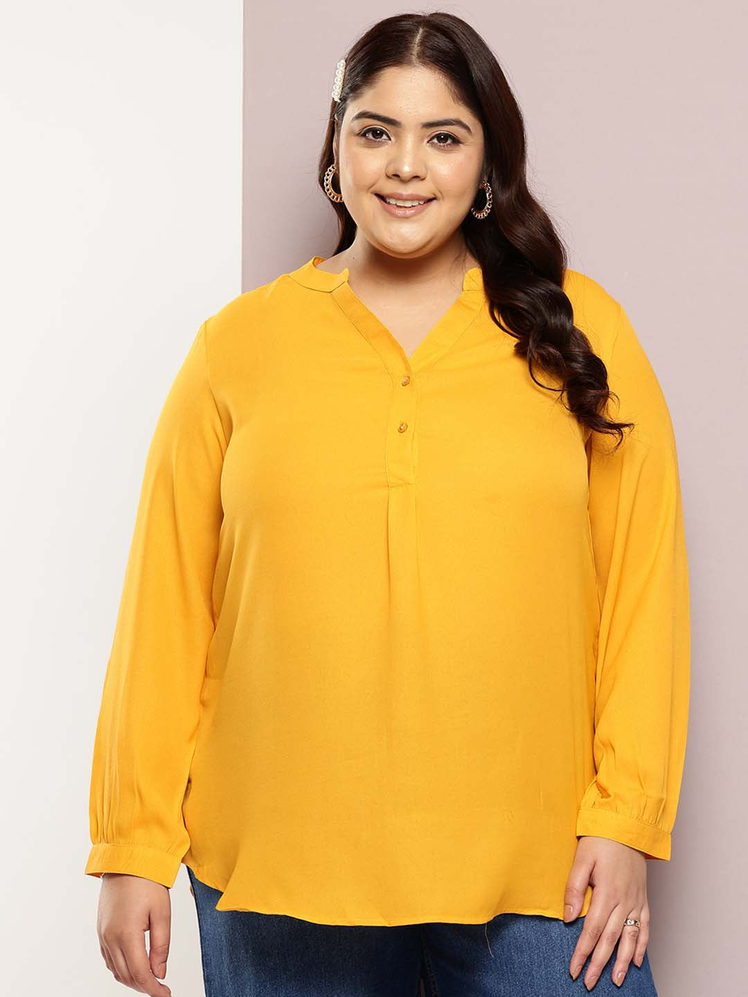 Solid Yellow half-placket mandarin collar shirt