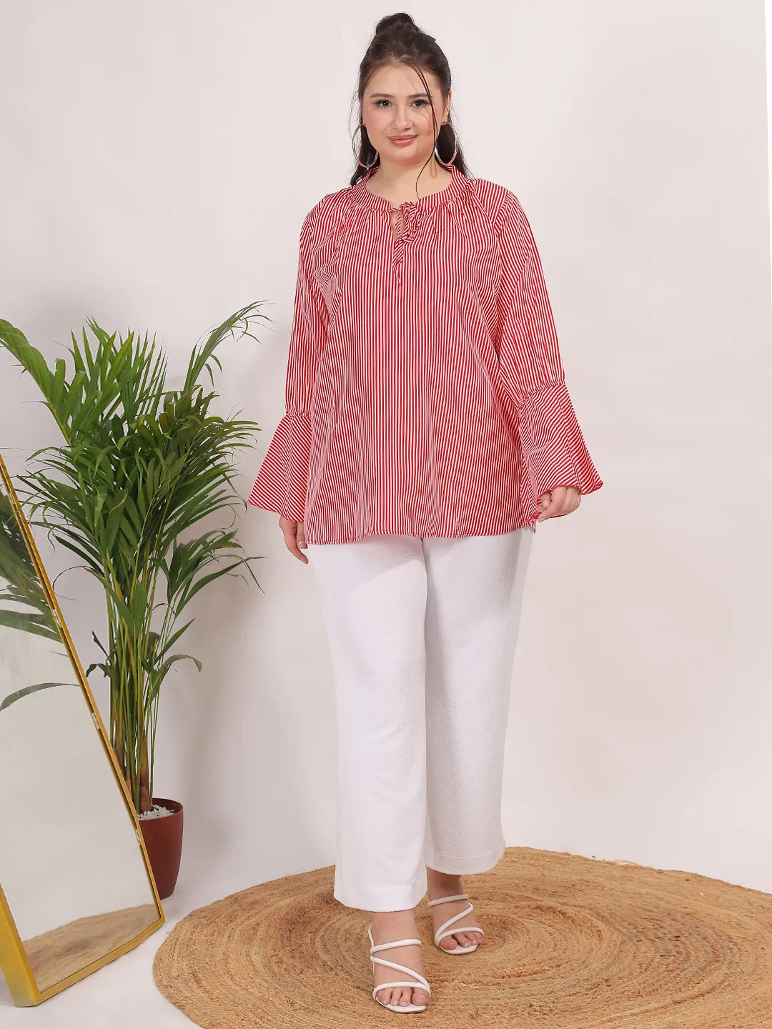 Stripes Printed Tie-Up Neck Top with Long Bell Sleeves