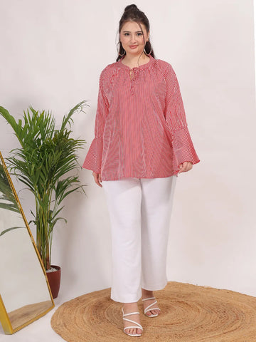 Stripes Printed Tie-Up Neck Top with Long Bell Sleeves