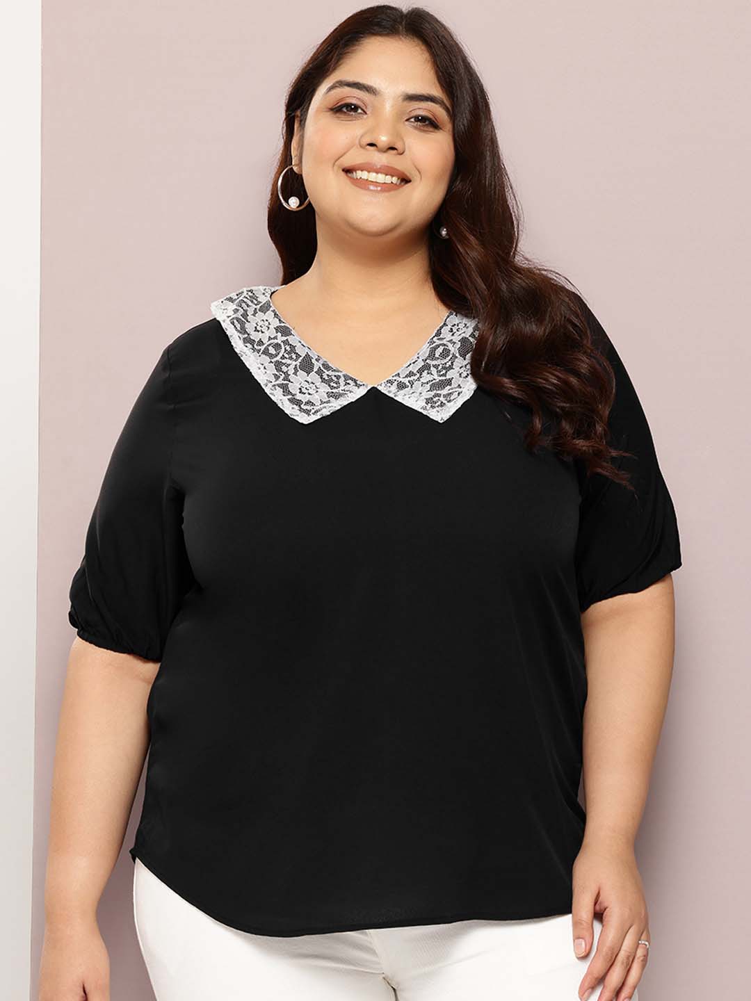 Solid black peter pan collar top with puffed sleeves