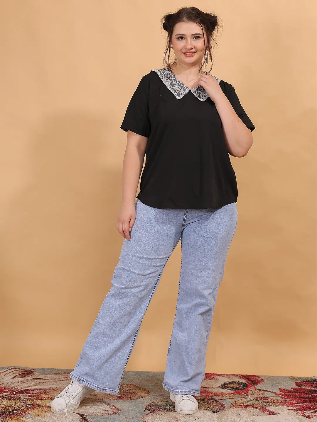 Solid black peter pan collar top with puffed sleeves