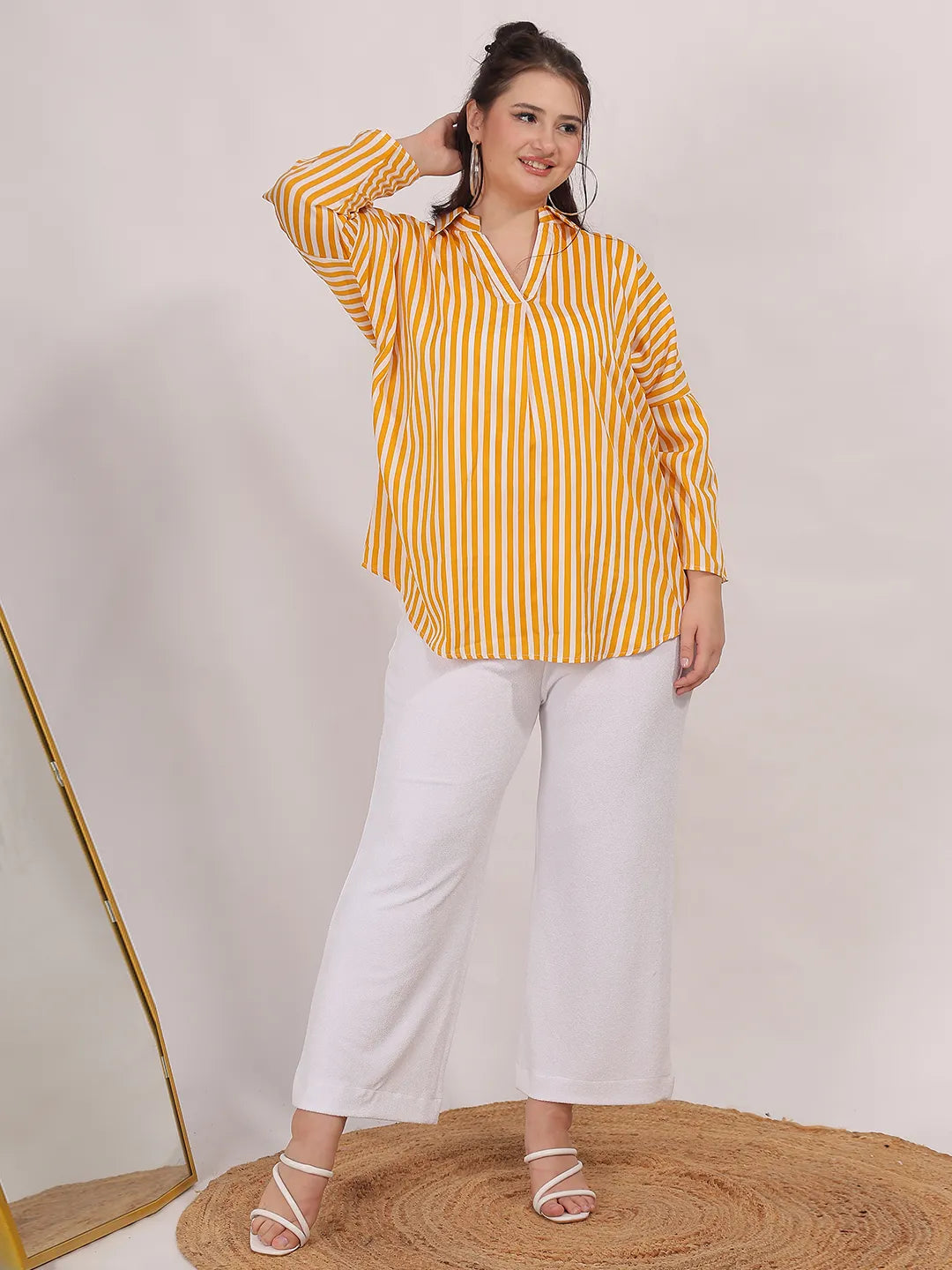 Striped drop-shoulder top with a wide collar