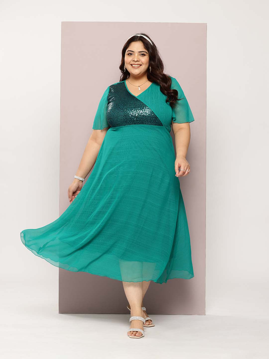 Sequins yoke Green georgette party Maxi dress