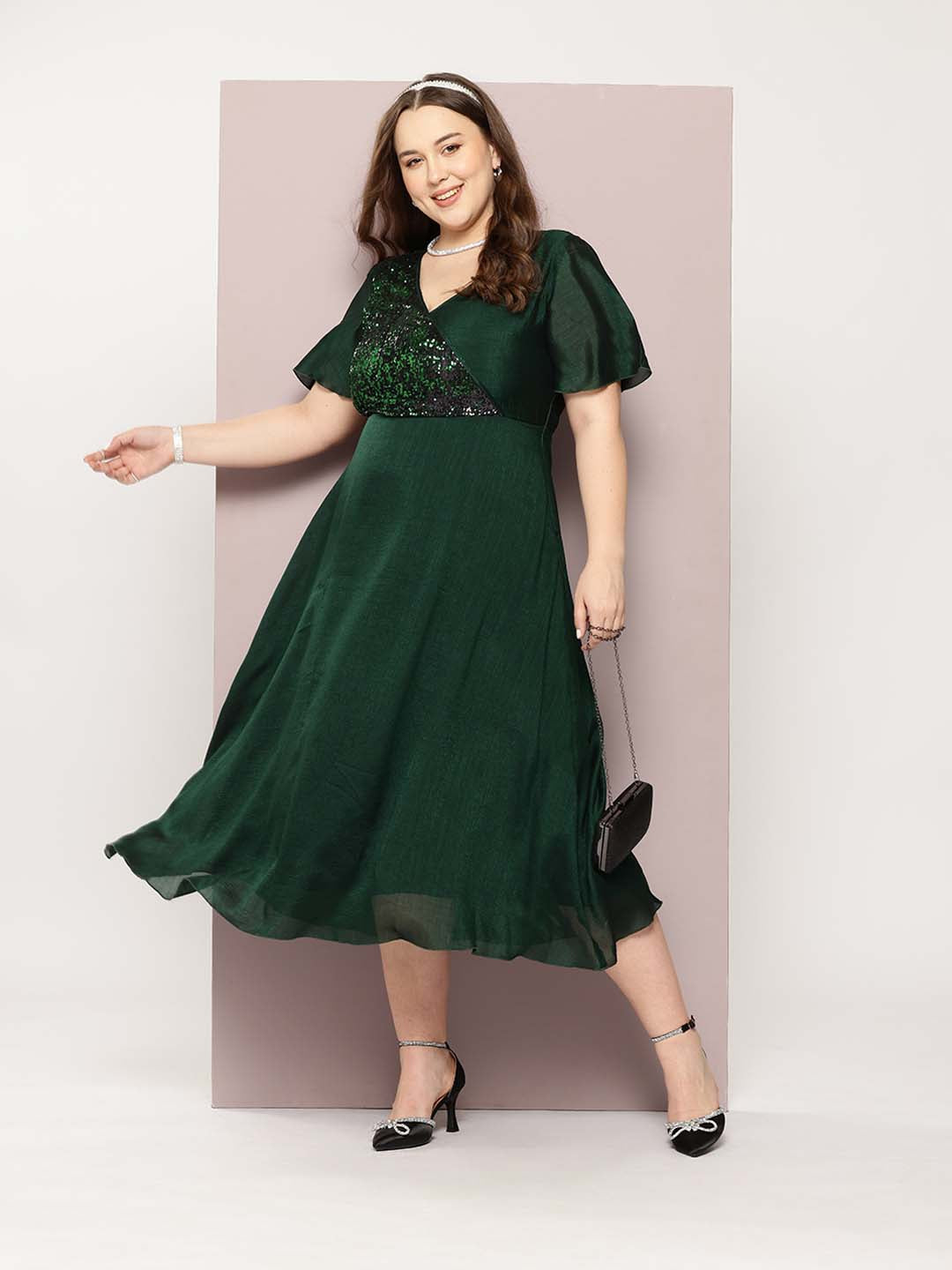 Green Silk Sequins Yoke Party Maxi Dress