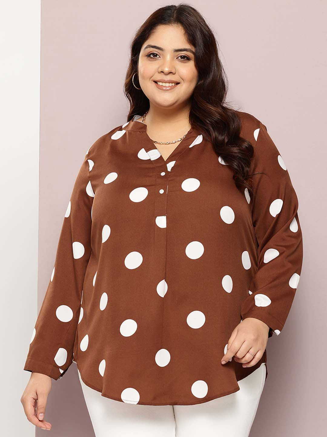 Brown and white big polka dot shirt