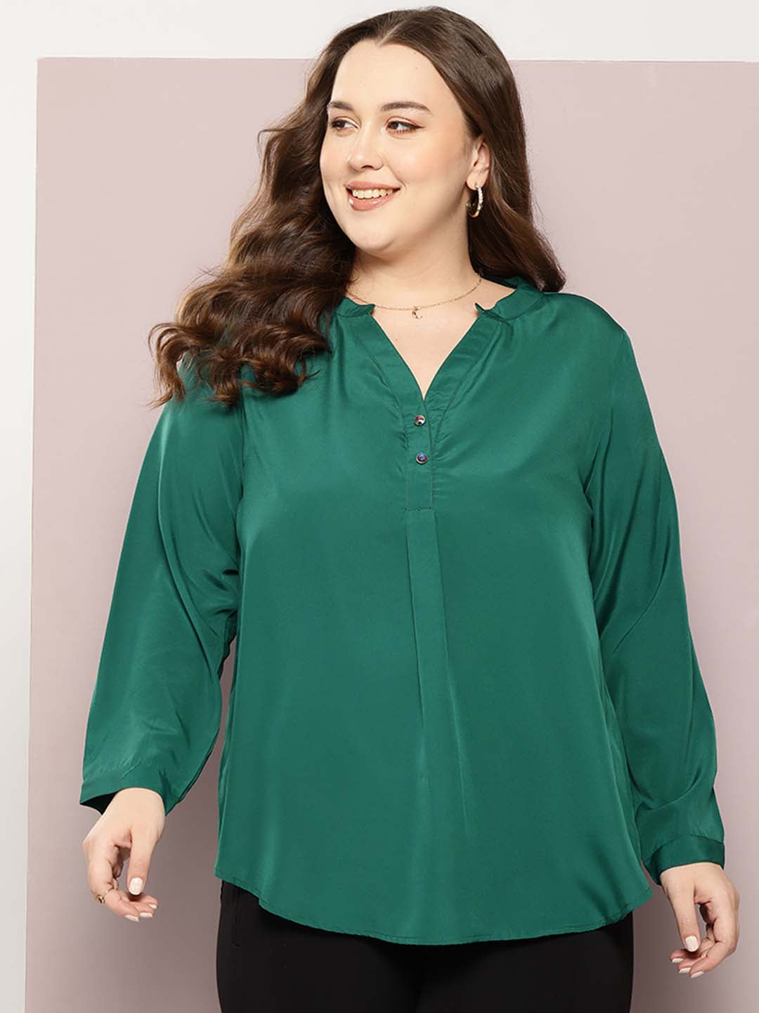 Solid Green crepe half placket maindarin collar shirt