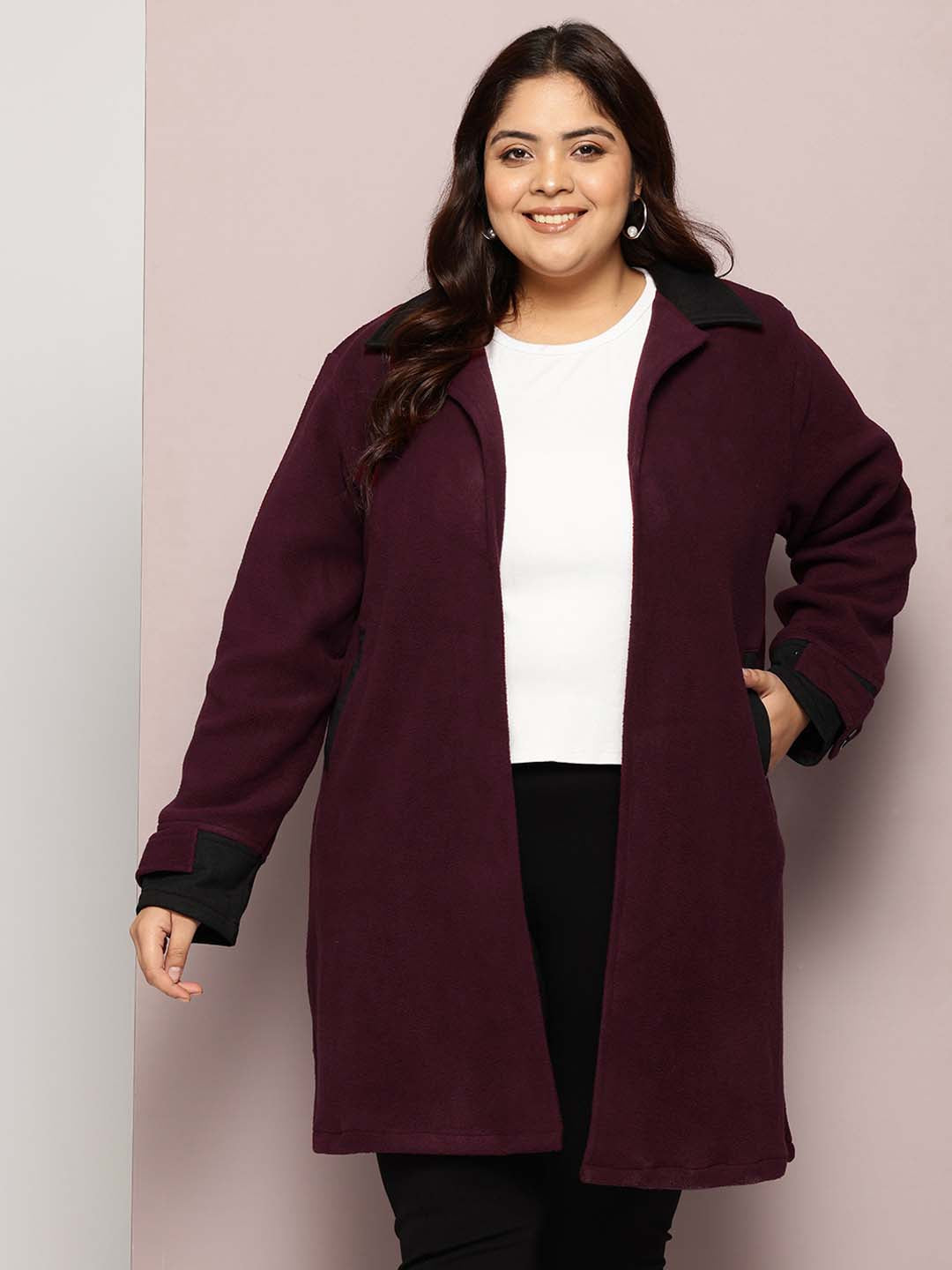 Solid Wine Long Coat with Side Pockets