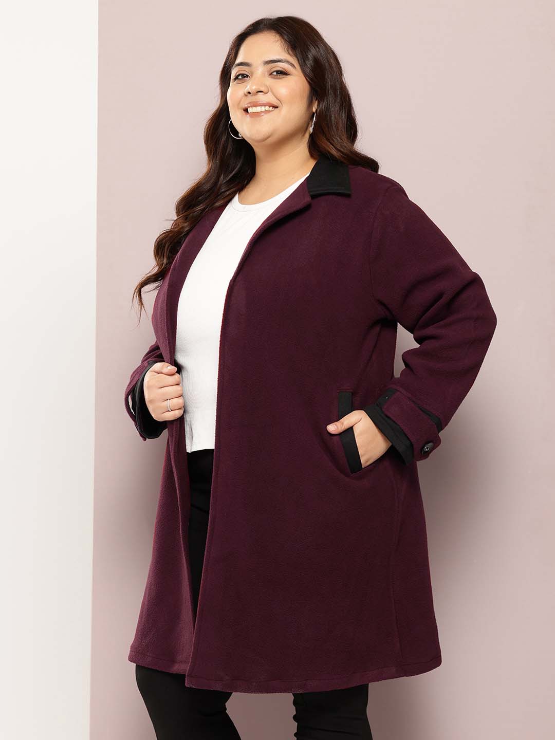 Solid Wine Long Coat with Side Pockets