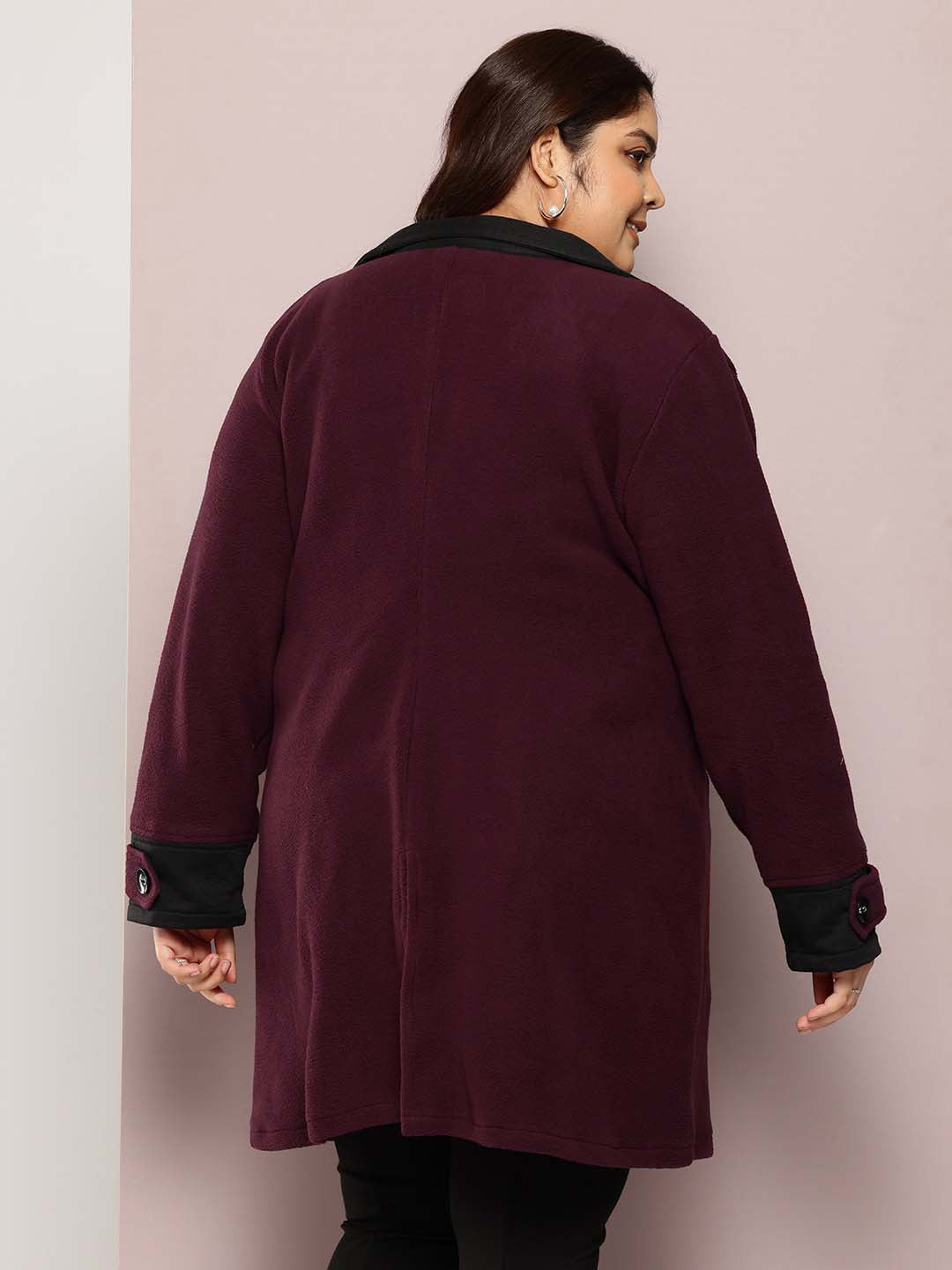 Solid Wine Long Coat with Side Pockets