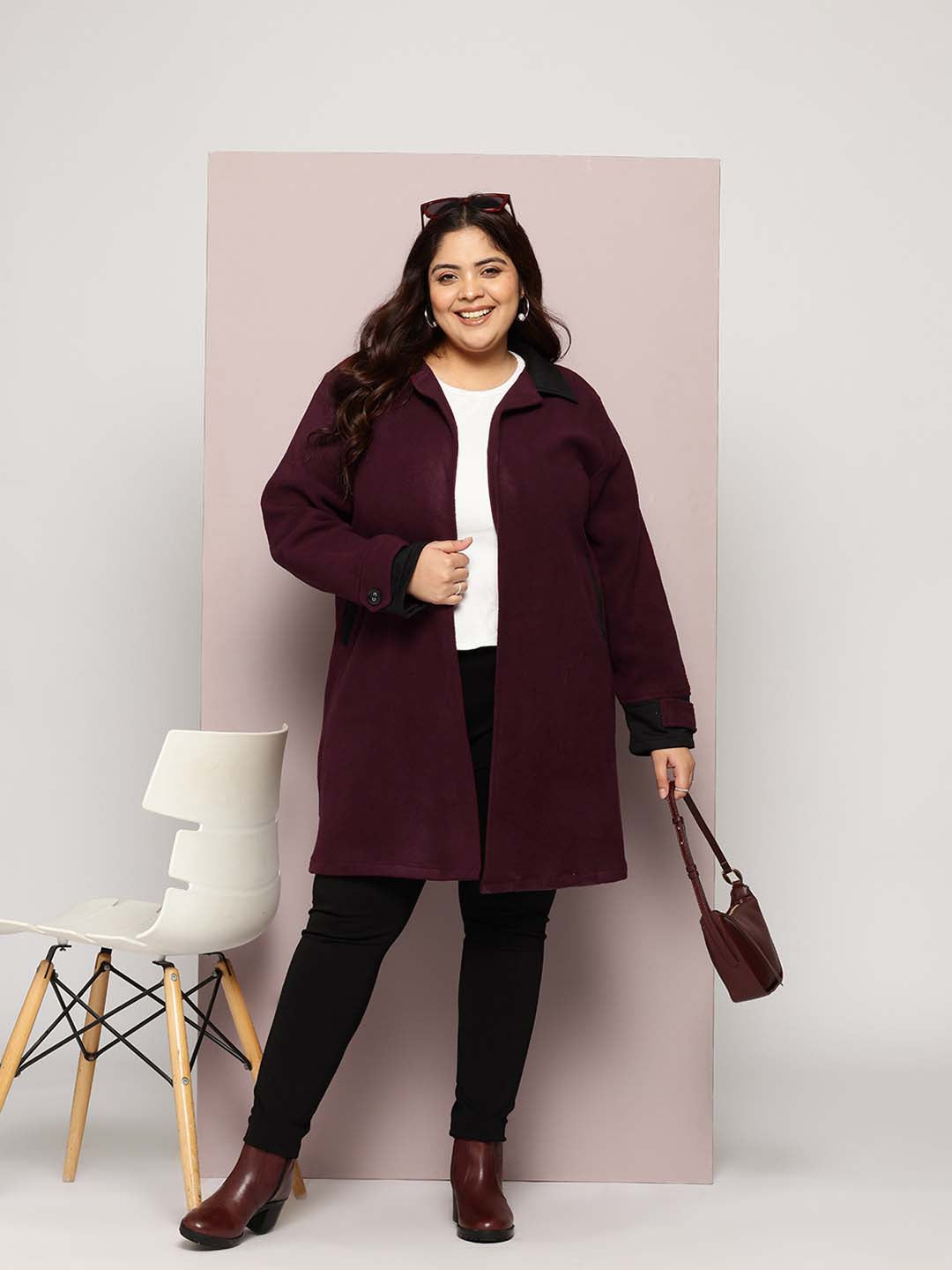 Solid Wine Long Coat with Side Pockets