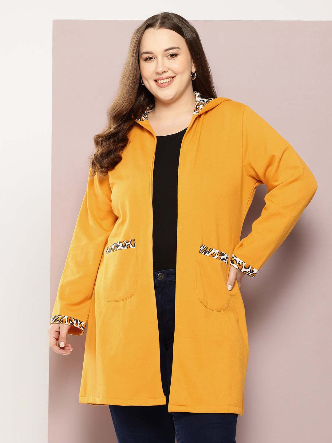 Yellow long jacket with printed hoodie