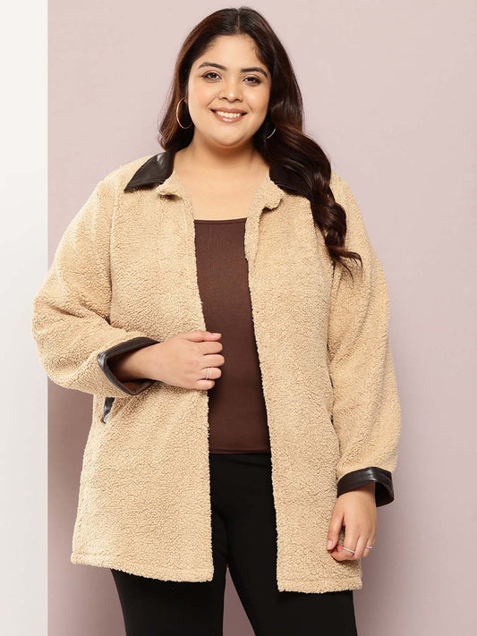 Beige Teddy Jacket With Leather Collar