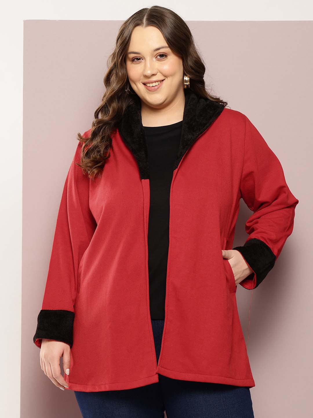 Red jacket with spread fur collar