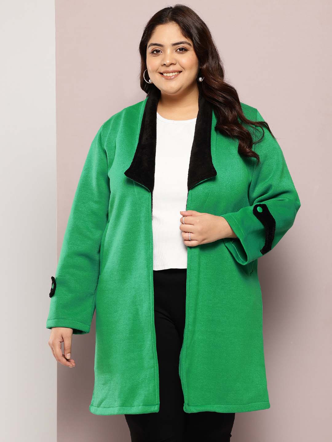 Green long coat with black fur collar