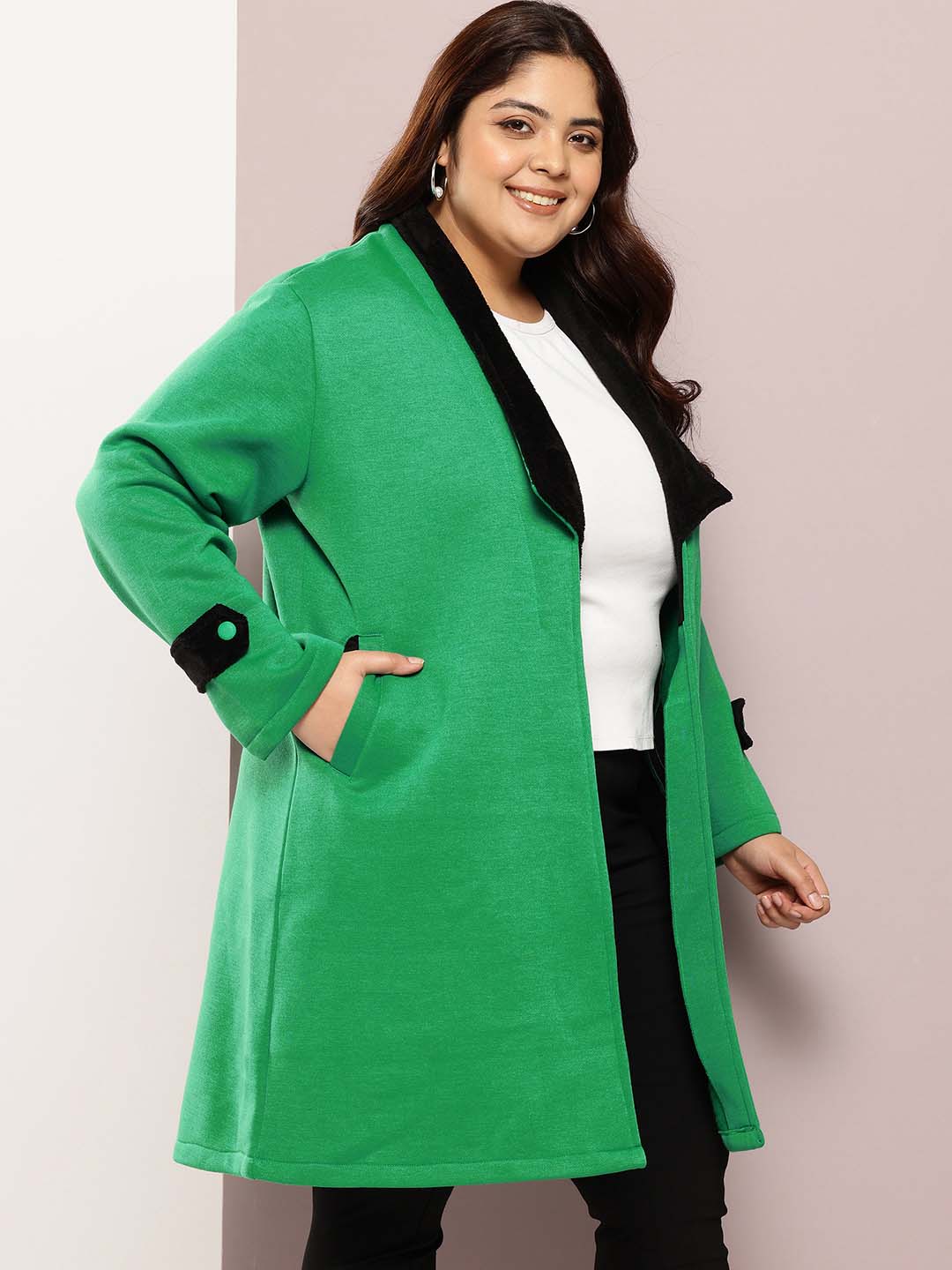 Green long coat with black fur collar