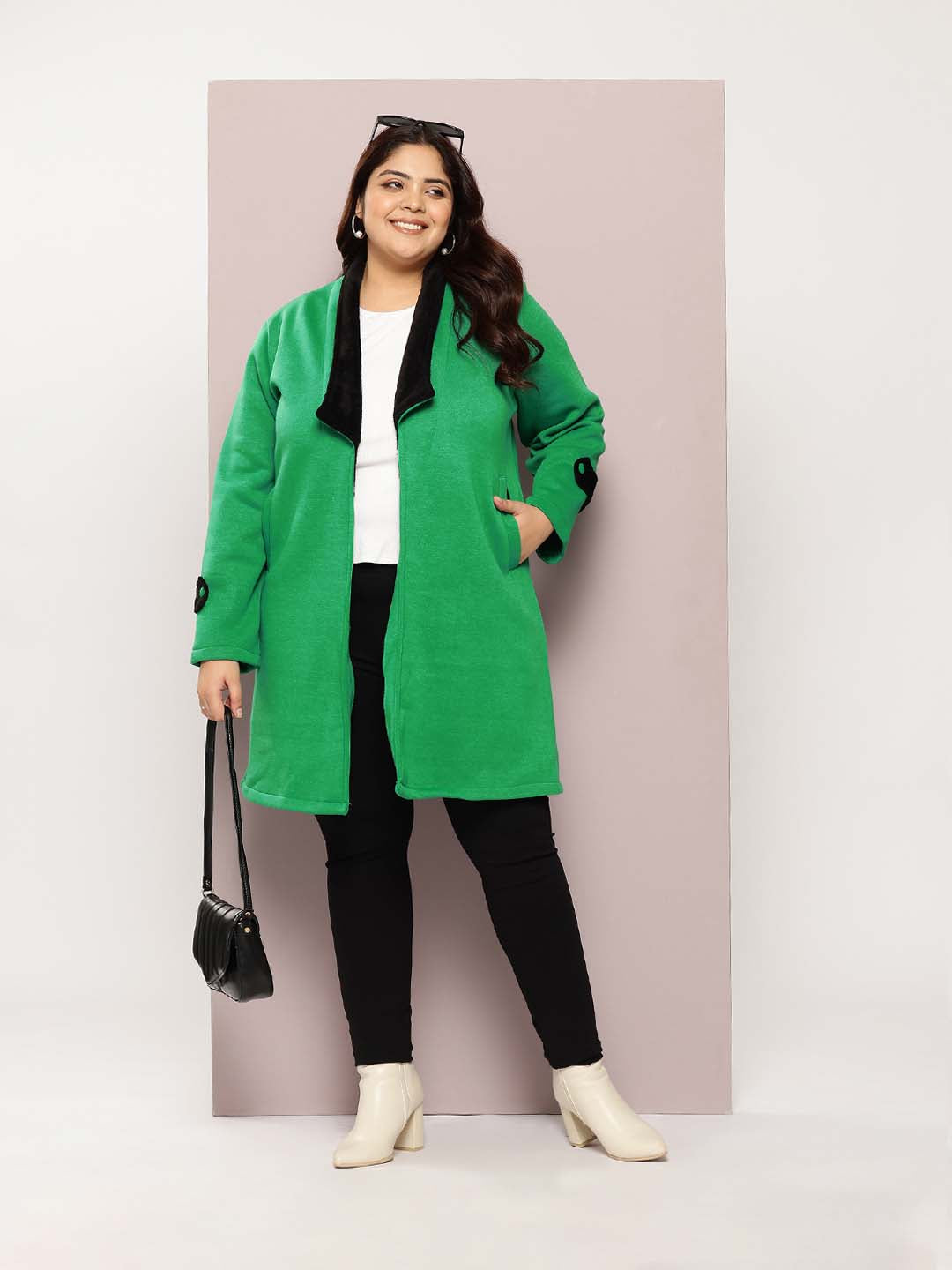 Green long coat with black fur collar