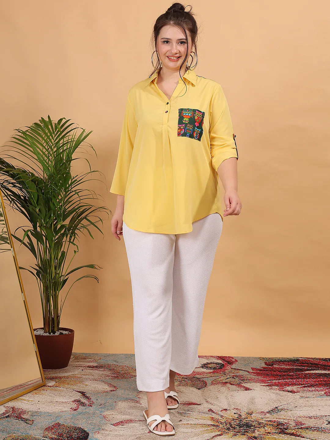 Yellow half placket collared shirt