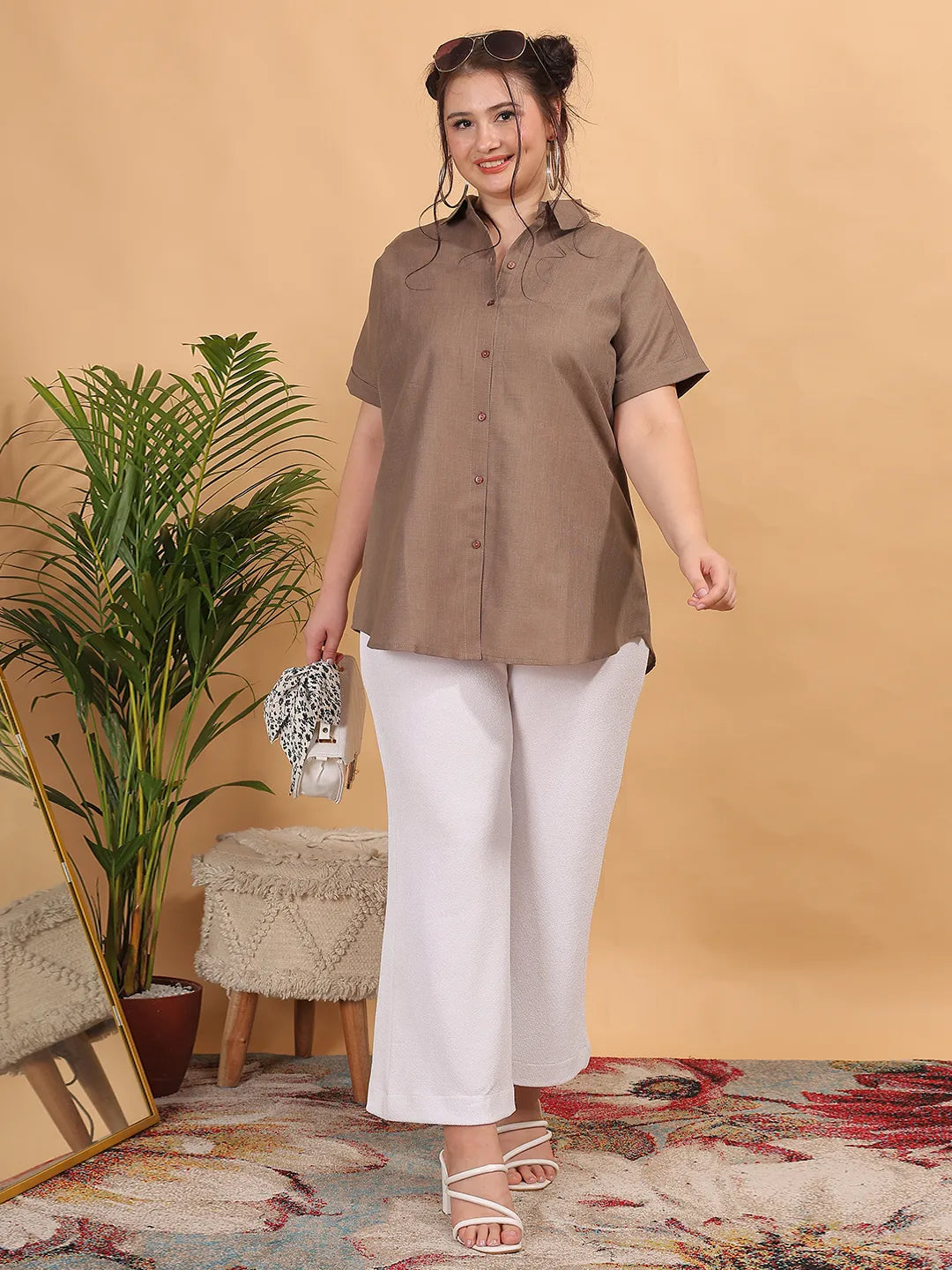 Brown cotton regular shirt