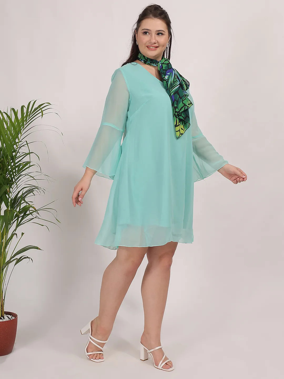 Sky Blue Solid A-Line Dress With Scarf