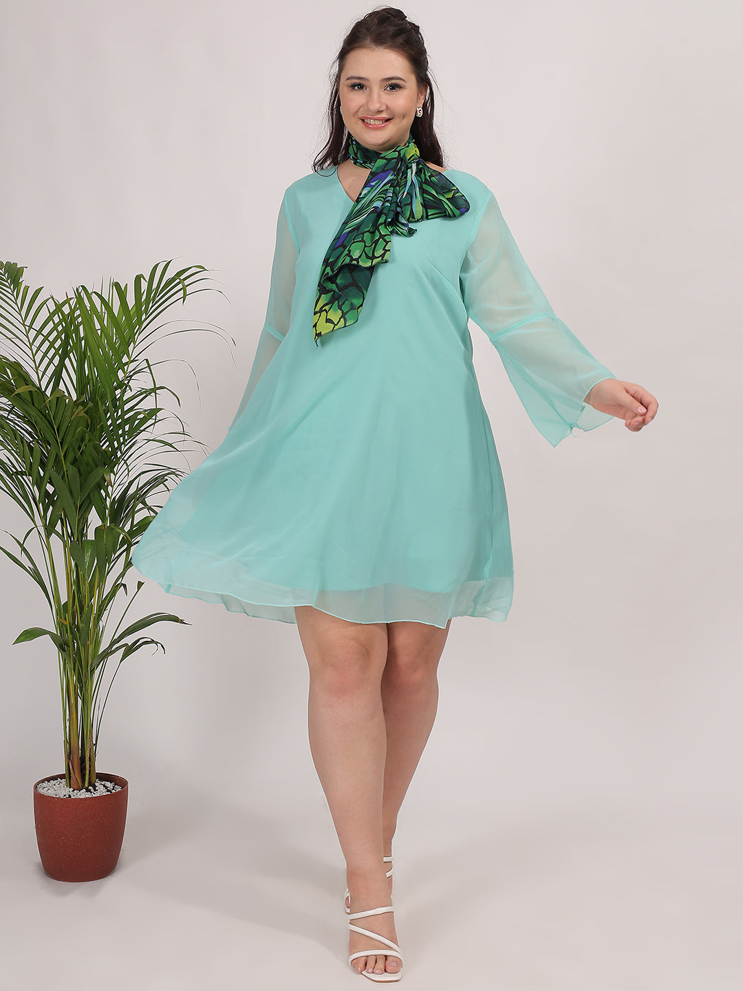 Sky Blue Solid A-Line Dress With Scarf