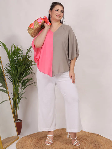 V-shape hemline color block Kimono top